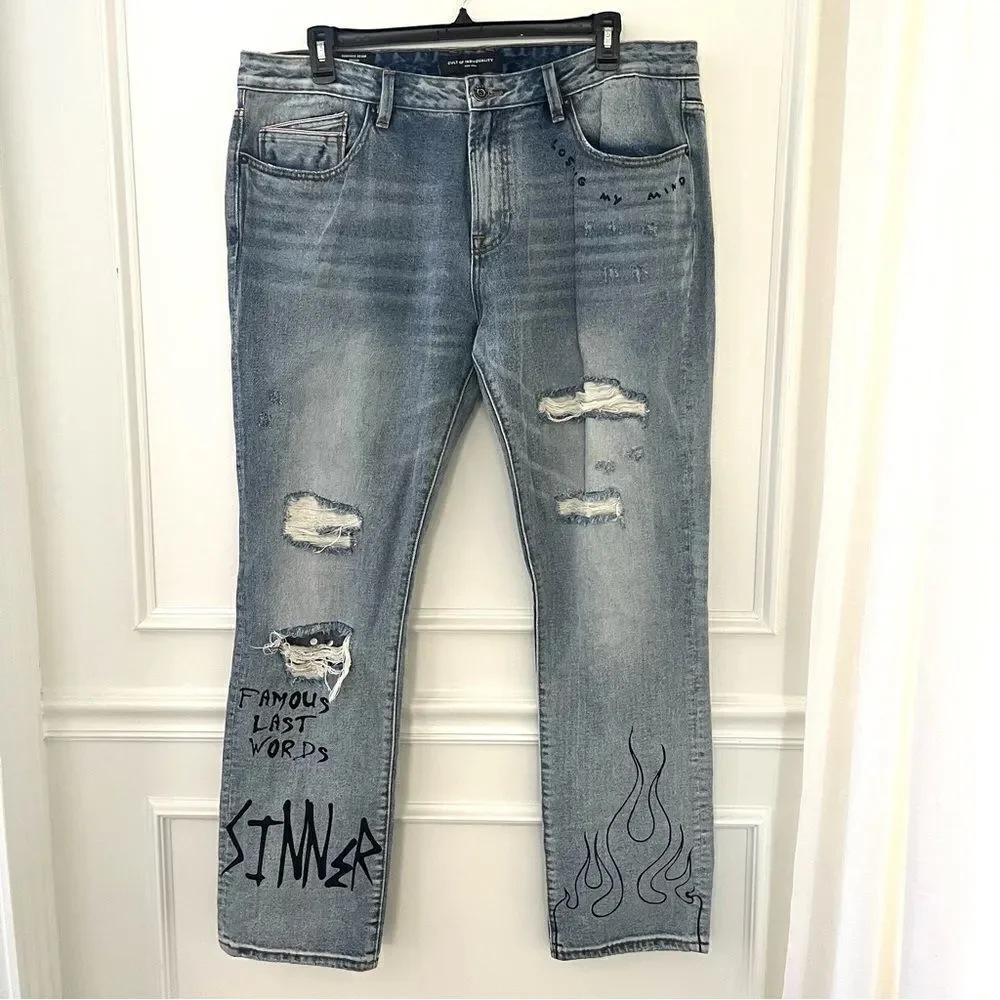 Cult of Individuality Rocker Slim Distressed‎ Jeans Rips Studs Ink, 40x33 NWT